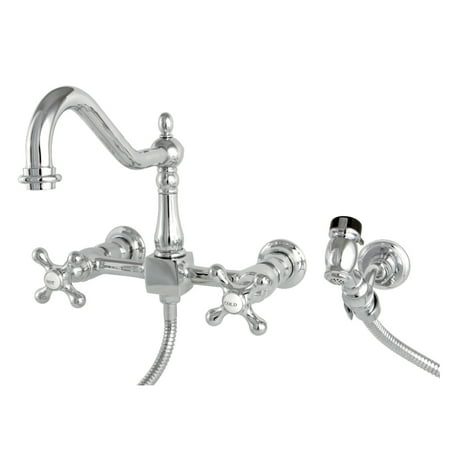 Kingston Brass KS1241AXBS Heritage Wall Mount Bridge Kitchen Faucet with Brass Spray, Polished Chrome