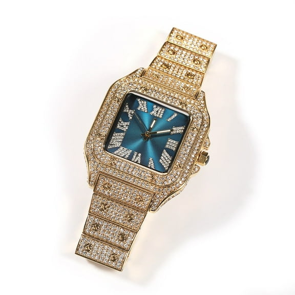 Yellow Gold Finish Square Bezel Unisex Simulated Diamond Bling Stainless Steel Iced Out Hip Hop Roman Numeral Date Function Watch 35mm