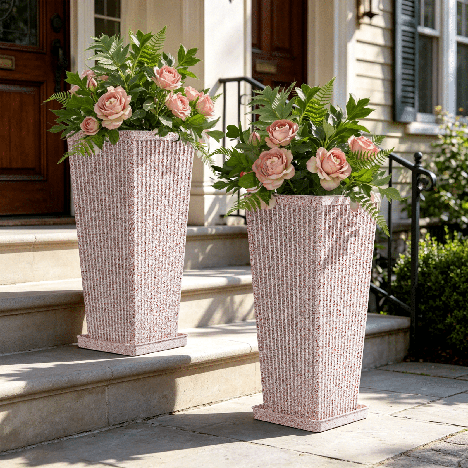 TOPCOMFY Tall Planters for Outdoor Plants Set of 2, 23.6" Modern Tapered Indoor Flower Pots with Drainage Holes/Partition/Tray for Porch Patio Garden, Brown