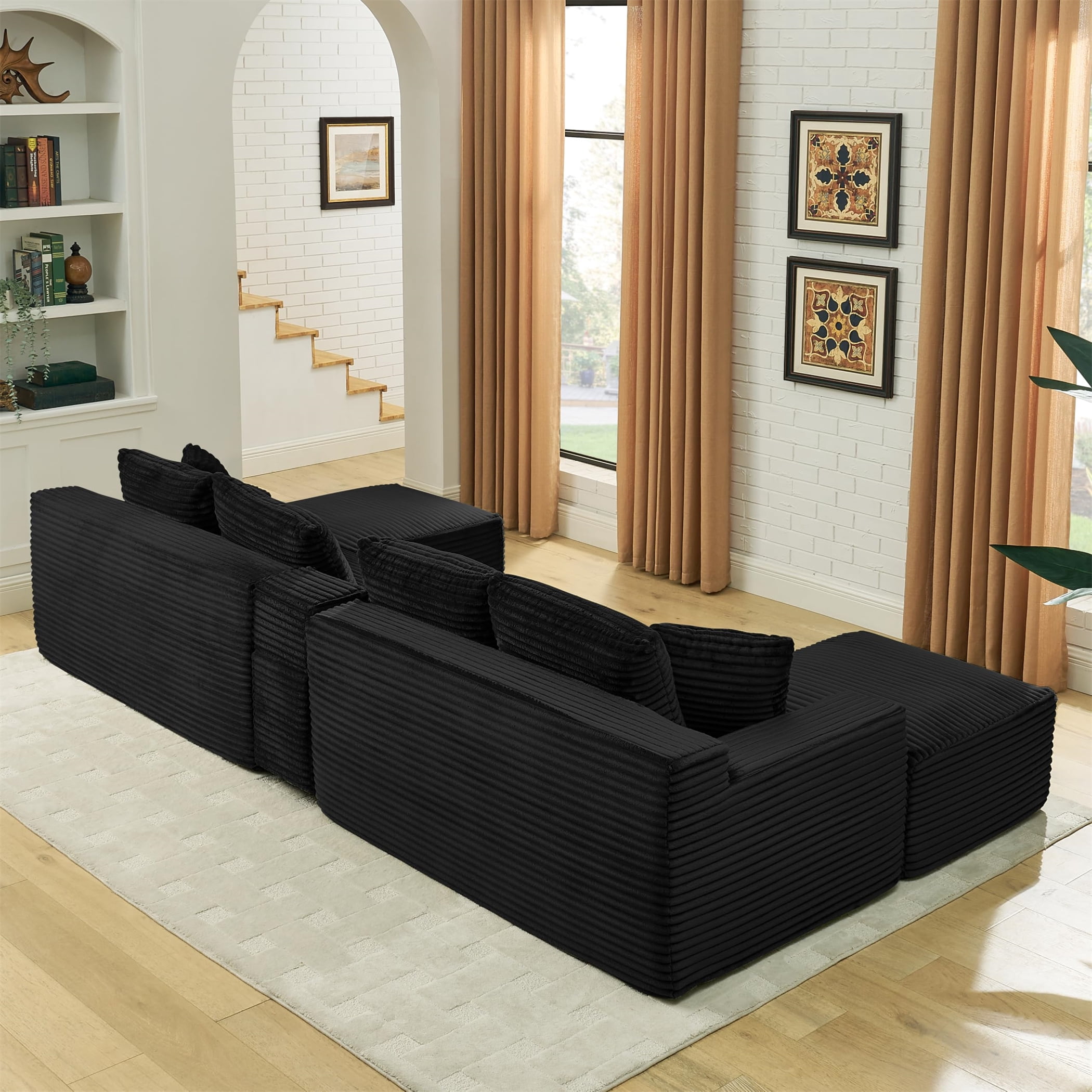 Aukfa 127" U Shaped Cloud Sectional Sofa Modular Boneless Couch with USB&Cupholdes Storage Console for Living Room, Corduroy, Black