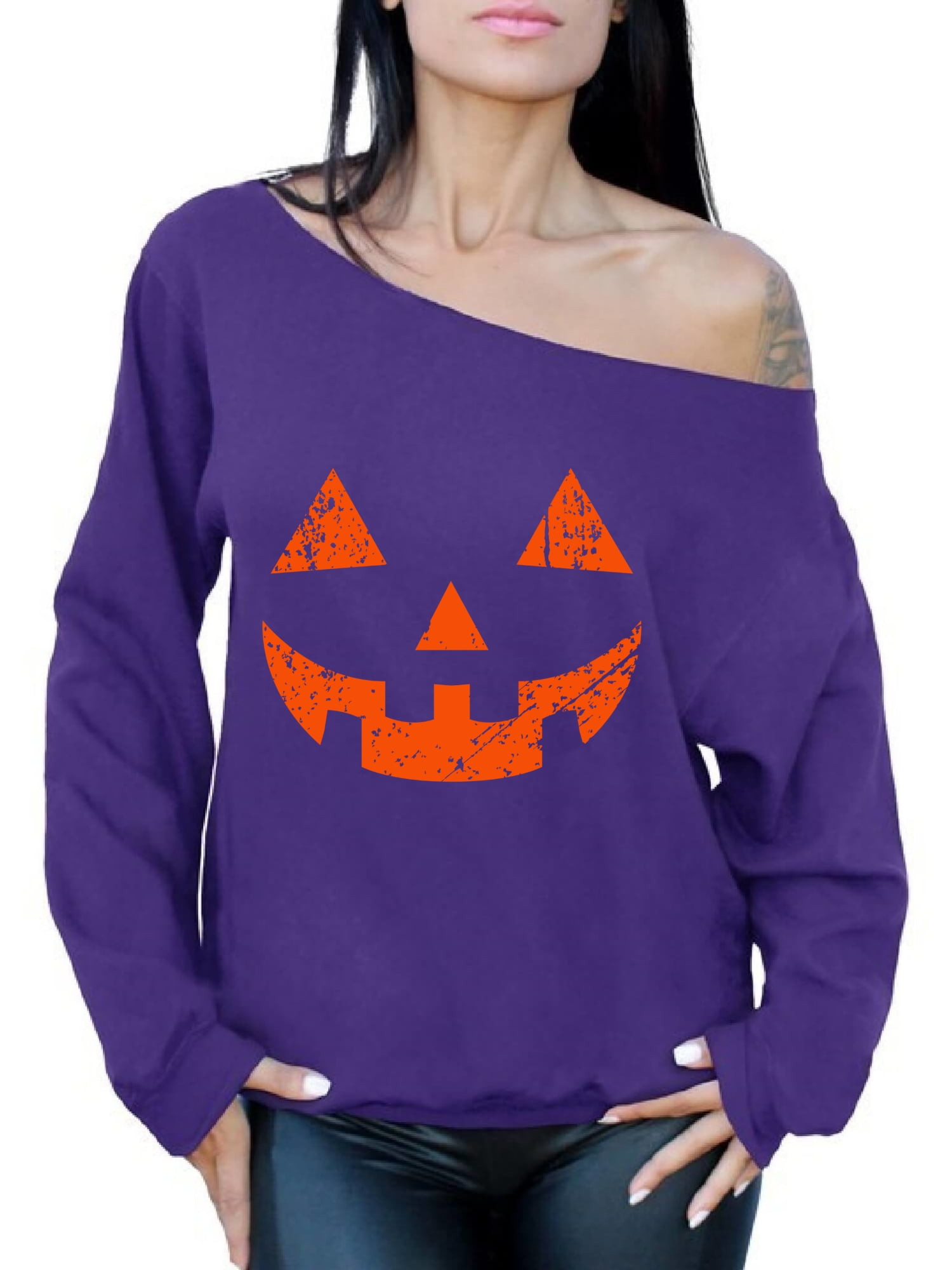 Awkward Styles Jack-O'-Lantern Off Shoulder Sweatshirt Jack-O Lantern Pumpkin Oversized Sweater for Women Halloween Baggy, Purple