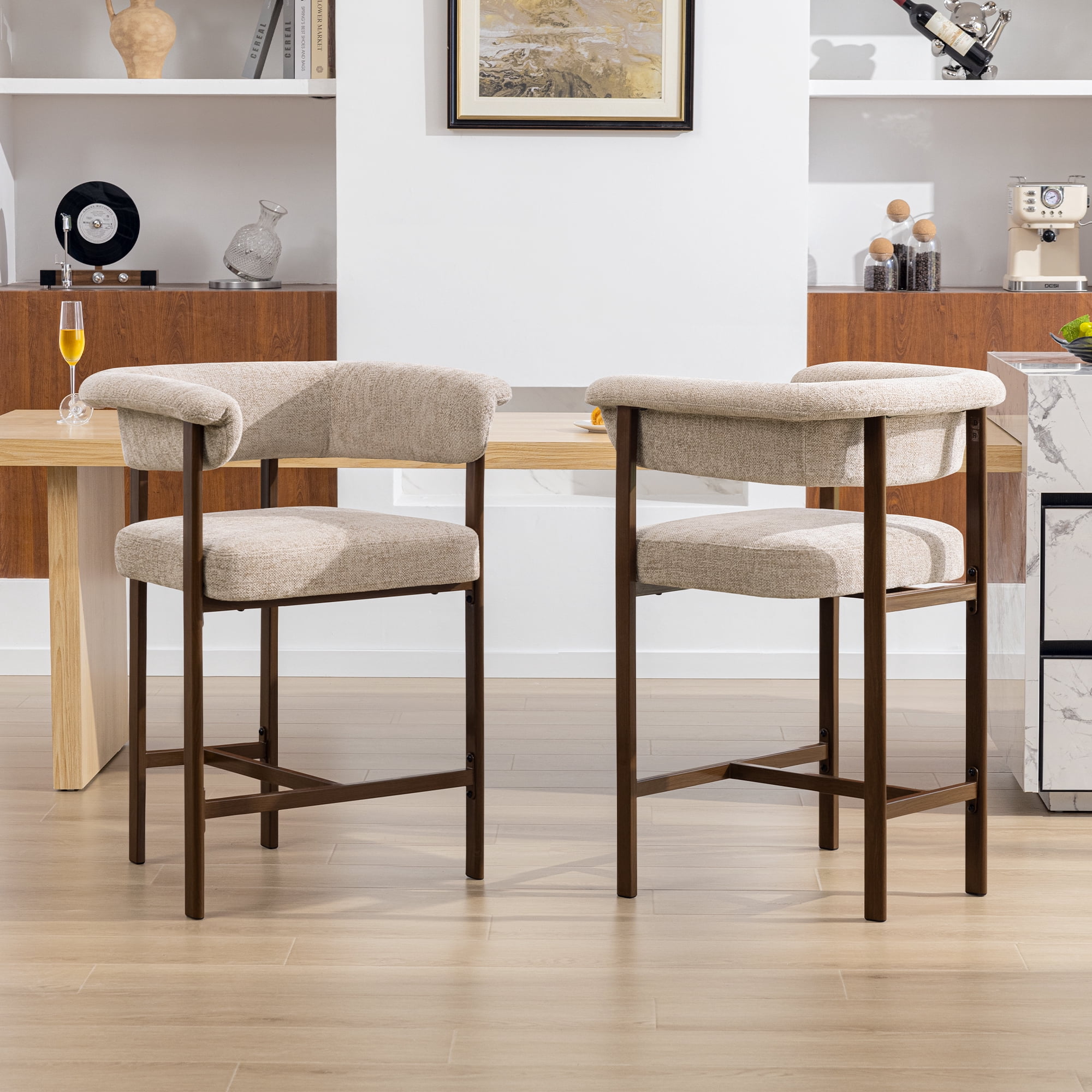 Primy Counter Height Bar Stool with Padded Arms, Modern Fabric Upholstered Dining Room Barstools Kitchen Island Armchair with Footrest+Curved Backrest