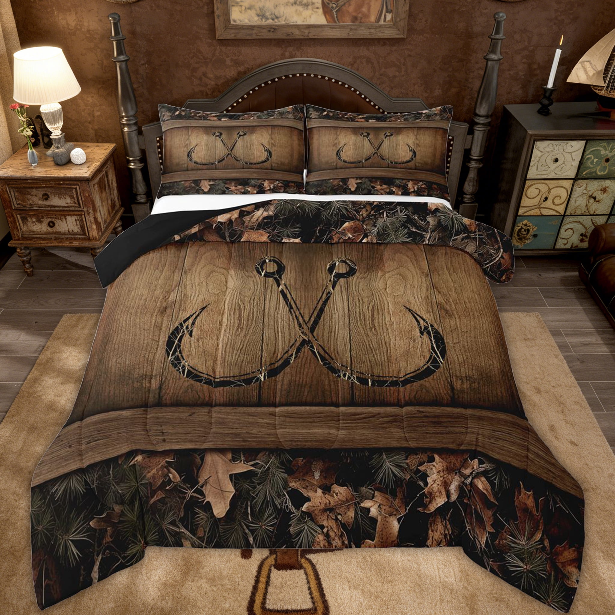 Rustic Lake Cabin Comforter Set Farmhouse Fishing Bedding Set Queen Size Tree Branches Camo Fish Hook Quilt Comforter Teen Men Country Camouflage Bed Duvet Set 3 Pcs