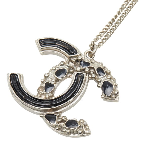 Pre-Owned Chanel Coco Mark Necklace, Silver, Black Metal Enamel, Women's CHANEL