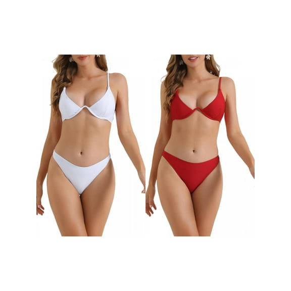 Women's Halter Underwire Bikini Sets 2 Piece Adjustable Spaghetti Straps Swimwear Bathing Suits 2 Sets X-Small White, Red