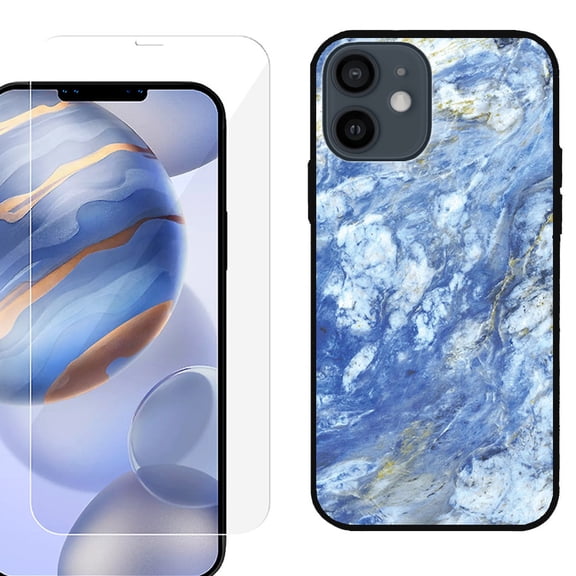 Slim-Fit Protective Phone Case (Black) compatible with iPhone 12 / iPhone 12 Pro, with Tempered Glass Screen Protector, by OneToughShield ® - Marble / Gem Blue