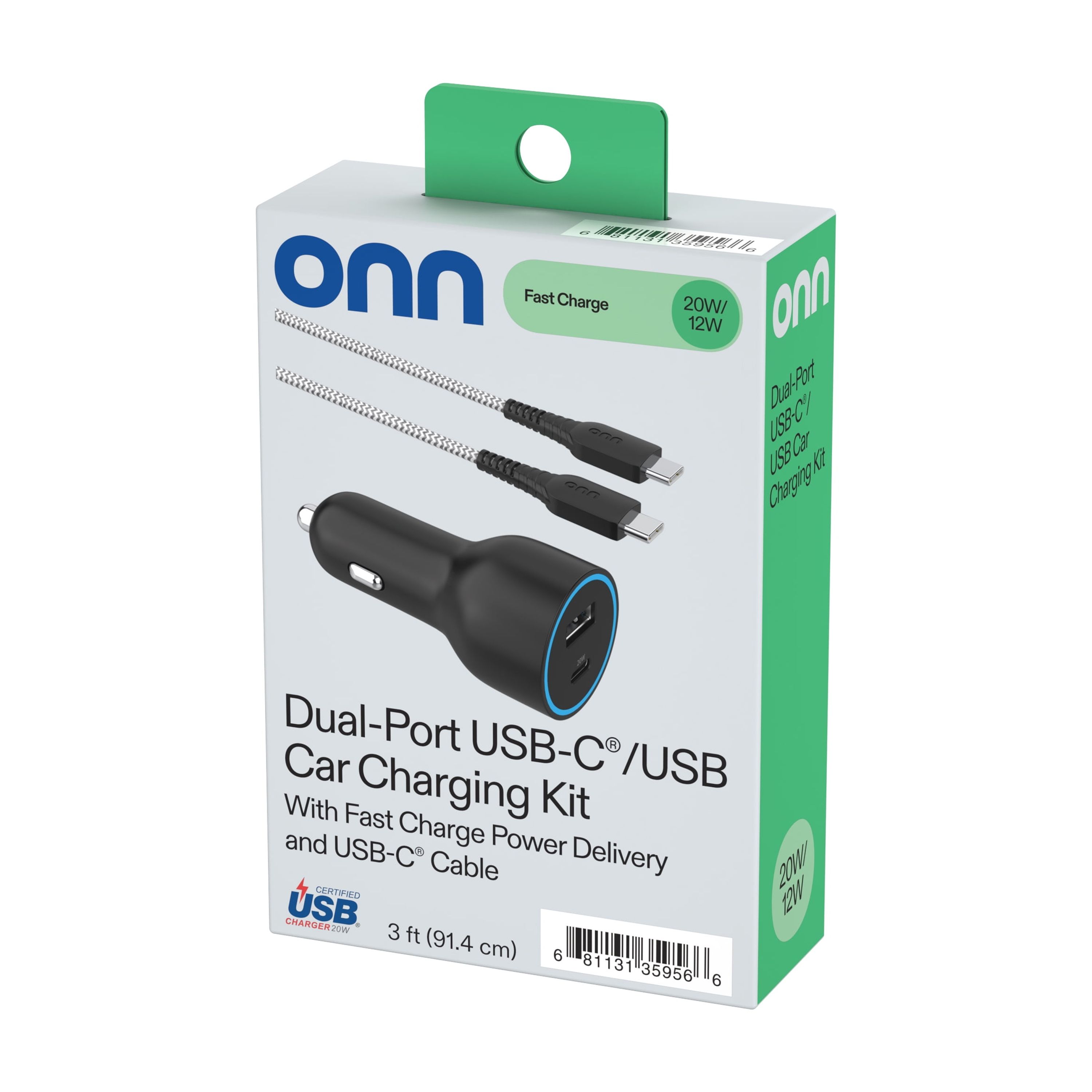 onn 32W Dual Port Car Charger with 3ft USB-C Cable photo 7