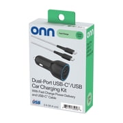 onn Dual USB-C and USB-A Port 32W Car Charger with 3ft Cable, Lightning-Fast Charging, Certified for Safety
