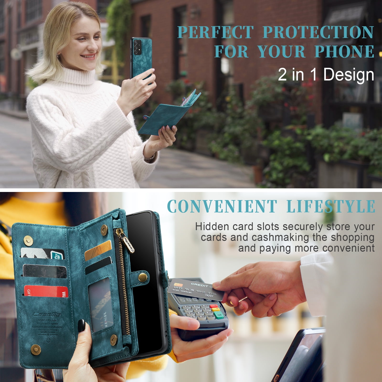 Feishell Durable 2- In-1 Magnetic Detachable Wallet Case for Samsung Galaxy A52 4G/5G,for Women Men,Premium PU Leather Zipper Pocket Flip Multi Card Slots Purse Phone Case with Wrist Strap,Green