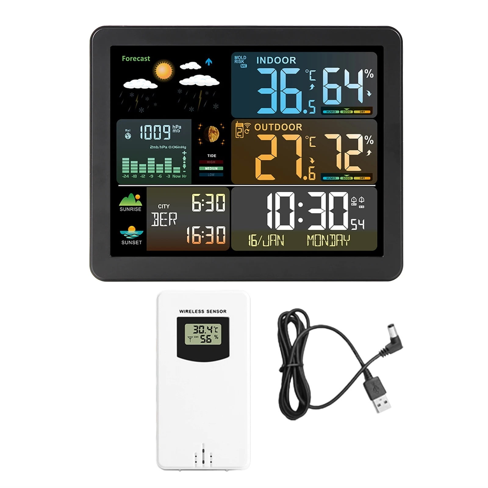 Smart Weather Station with Clock Temperature & Humidity Meter Large Color Screen Weather Clock Weather Forecast