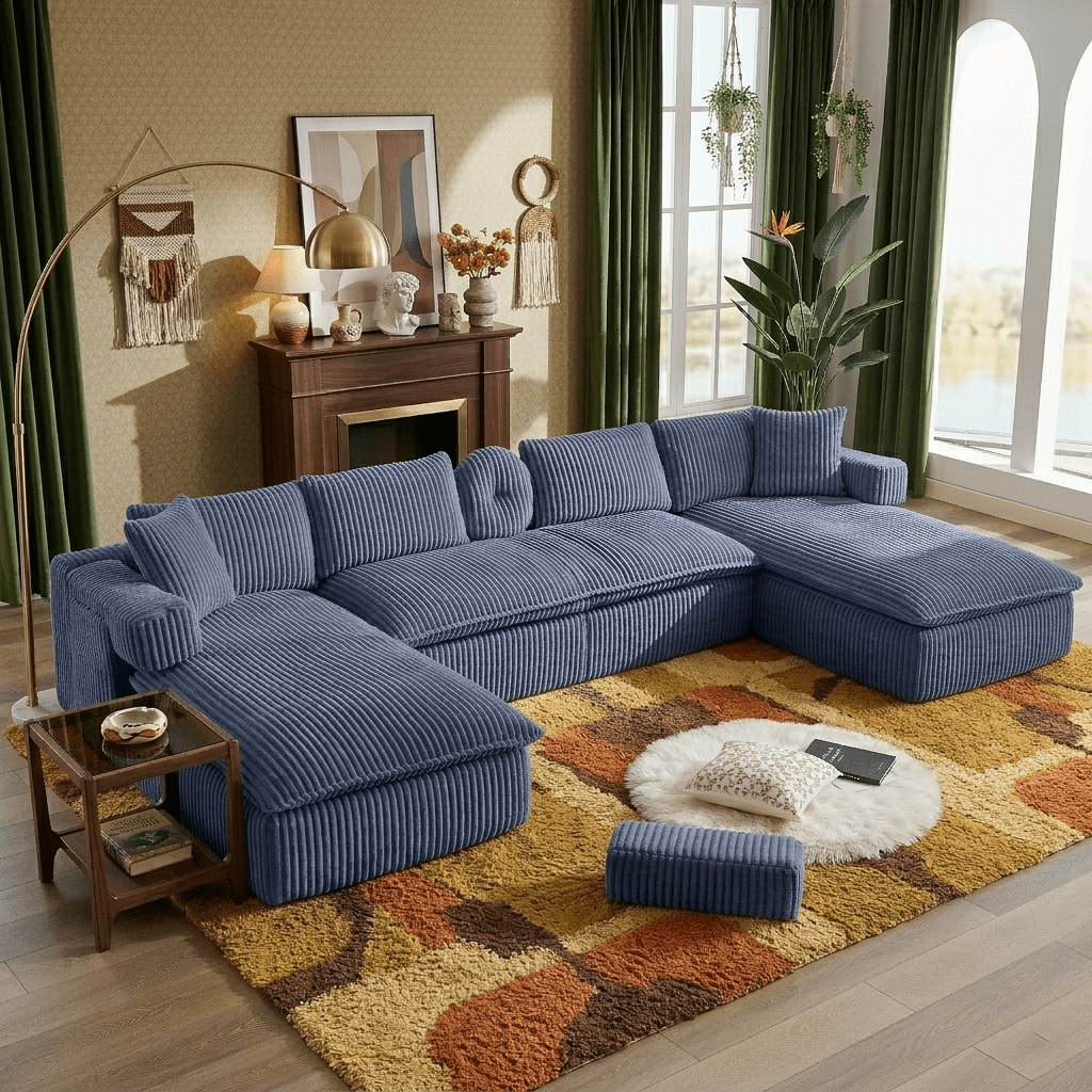 Howcool 149"W Oversized Modular Sectional Sofa,7-in-1 Corduroy U Shaped Sofa Couch with Double Chaise Lounge,Convertible Sleeper Sofa Bed,Deep Seat Cloud Couch for Living Room,Blue
