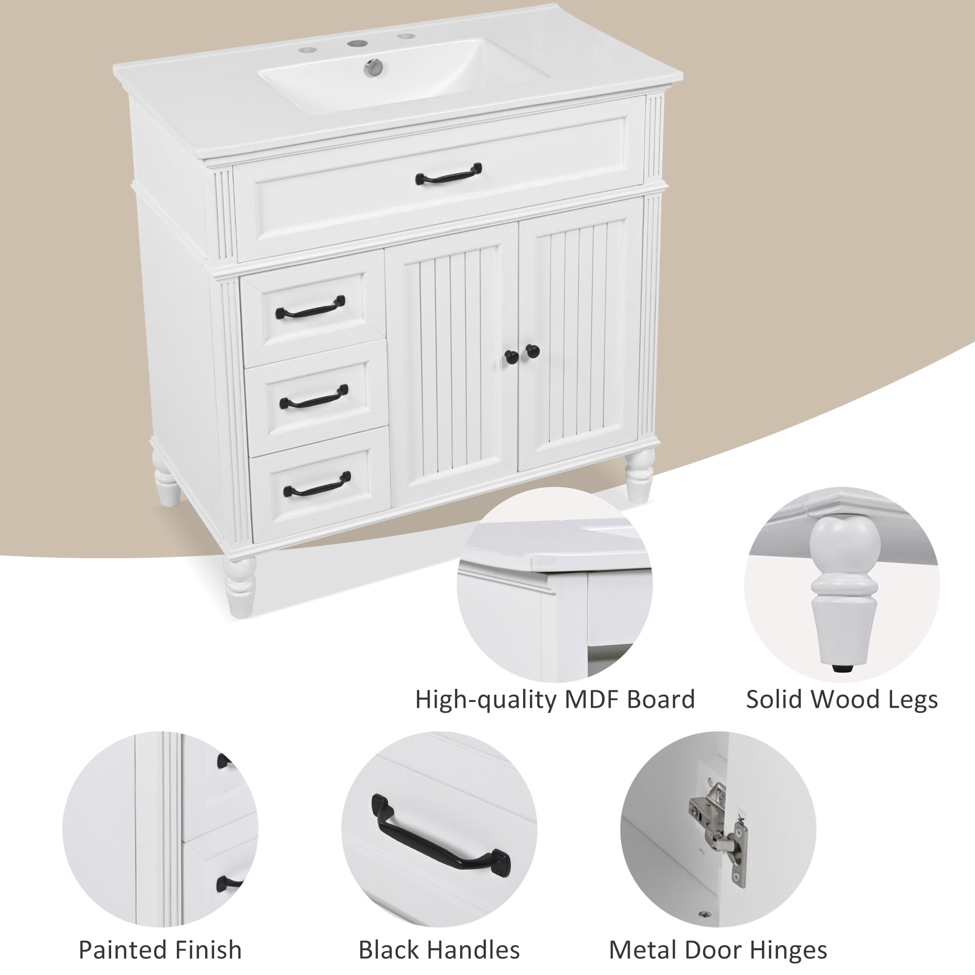Harper & Bright Designs 36" Bathroom Vanity Sink Combo, Bathroom storage Cabinet with Drawers, Single Sink Bathroom Vanity, White