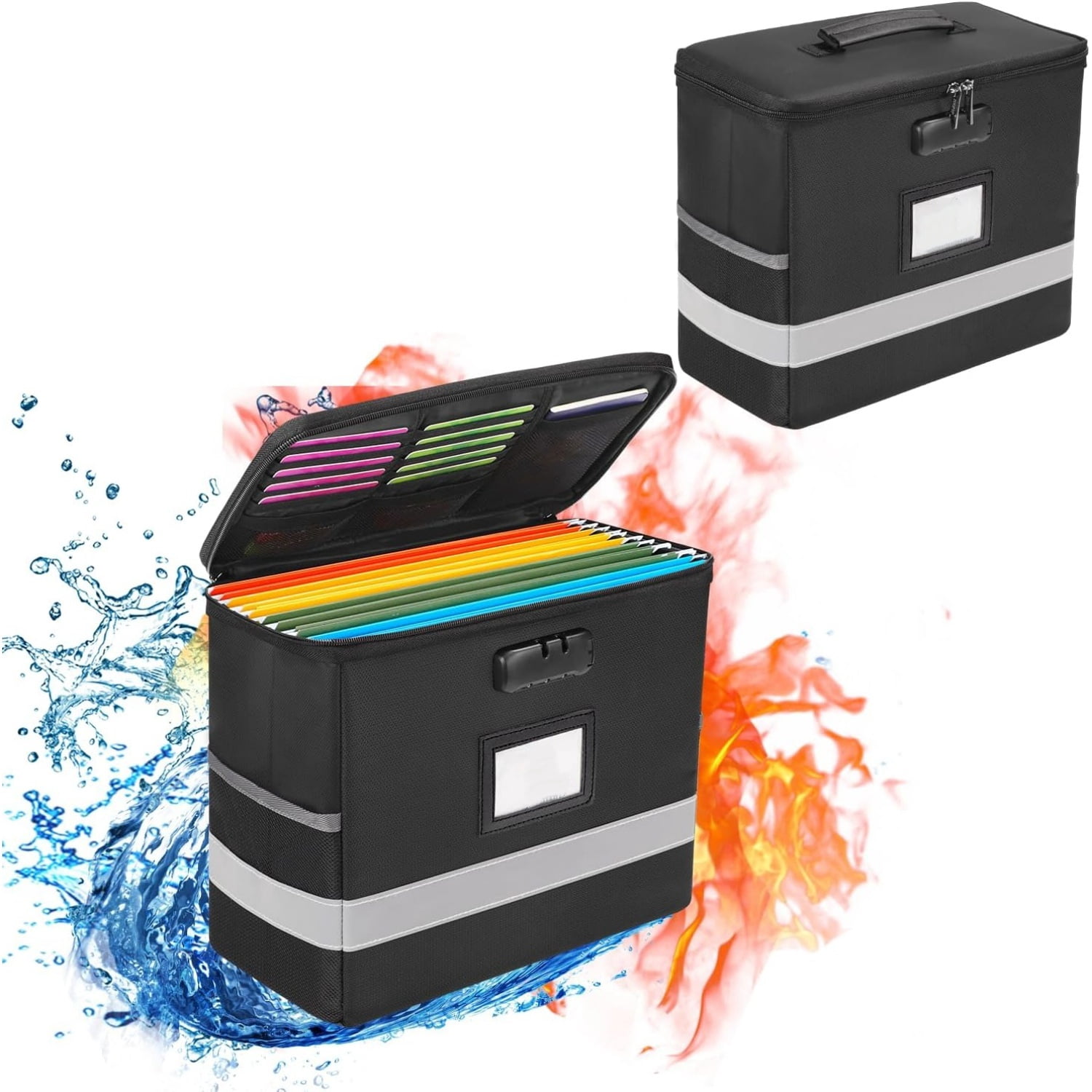 "Fireproof File Box with Lock, Document Box Storage Organizer, Suitable for Hanging File Folders in Letter Size, Collapsible File Box, Reflective Strip for Fast Find (12.2""*6""*10.2 (Black, 2Pcs) "