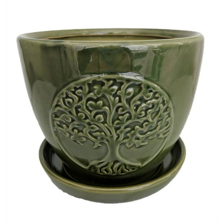 Indian Tree Saucer - Tree of Life Ceramic Planter with Attached Saucer - Green - 6