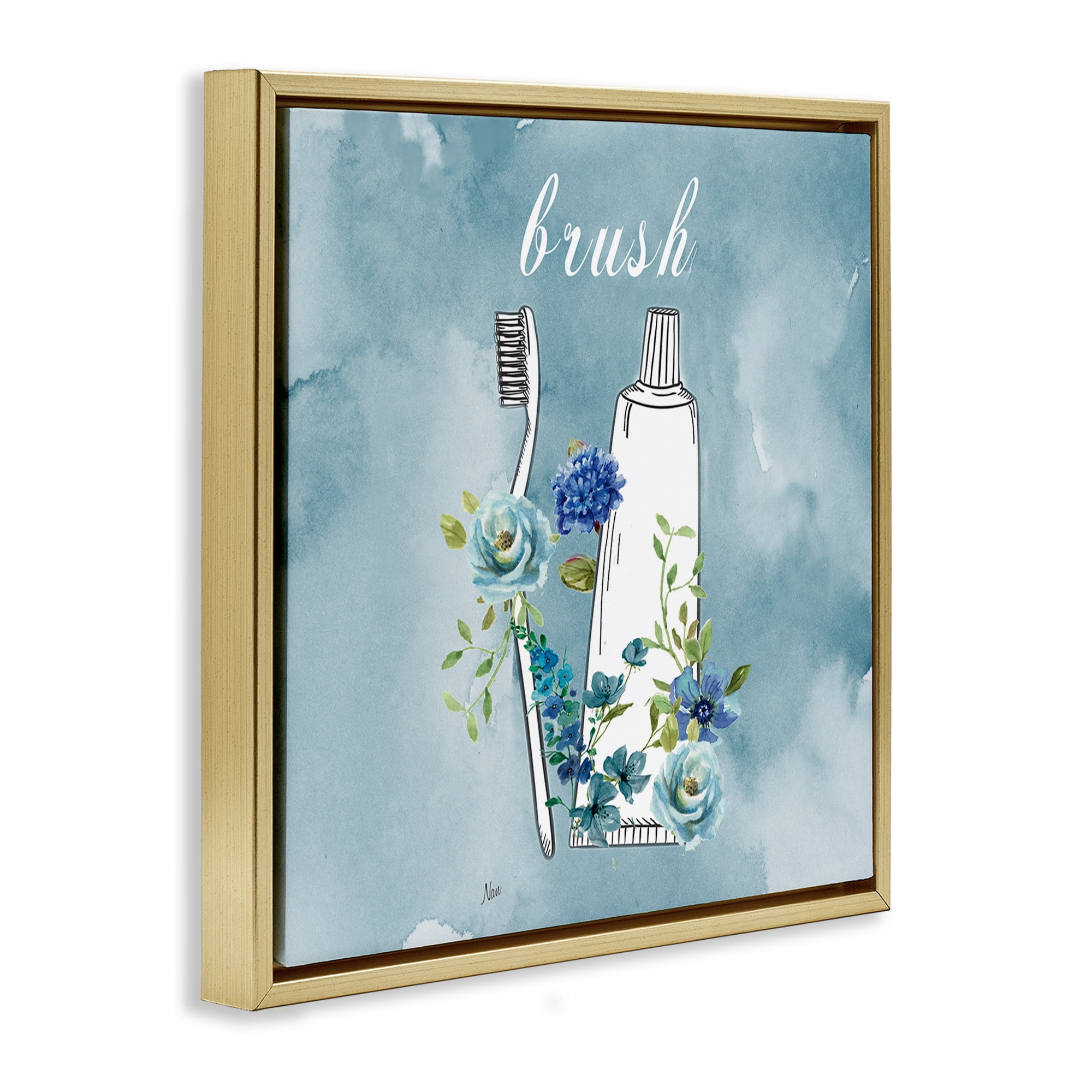 Stupell Industries Floral Bathroom Rules Brush Gold Framed Floater Canvas Wall Art, design by Nan