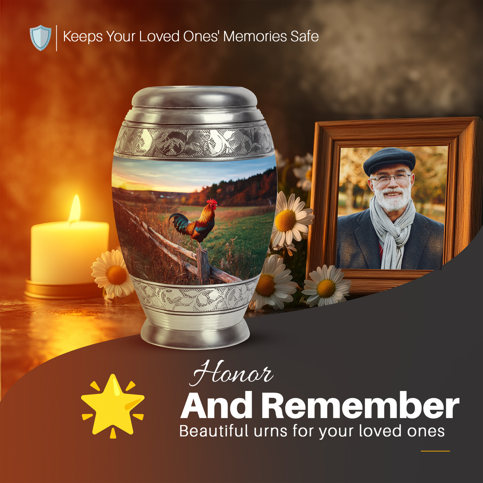 Yatskia Rooster Urn for Ashes Adult Male, Funeral Urns for Human Ashes Adult Female, Memorial Urns for Human Ash, (Monar Large, 10 Inch)