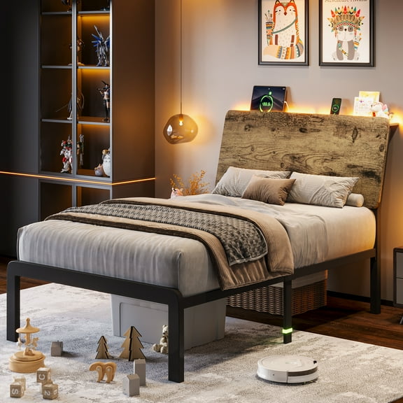 Einhomn Twin Size Bed Frame with LED Light & Charging Station,Wood Platform Bedframe with Storage Headboard,Heavy Duty Metal Slats,No Box Spring Needed,Rustic