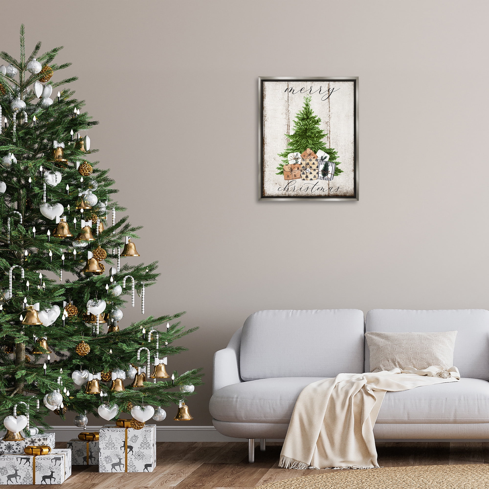 Stupell Industries Rustic Distressed Christmas Tree Holiday Painting Gray Floater Framed Canvas Art Print Wall Art, 25 x 31