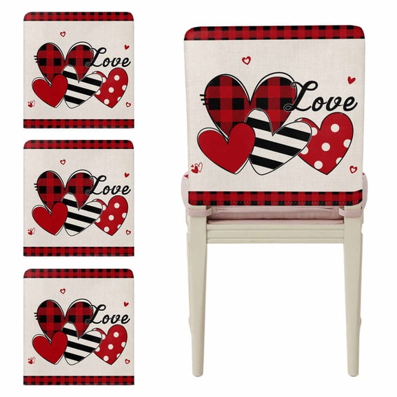 Valentine's Day Chair Back Covers Set of 4, Love Heart Red Black Buffalo Plaid Stretch Dining Chair Back Slipcovers Removable Seat Cover for Kitchen Restaurant Hotel Cafe