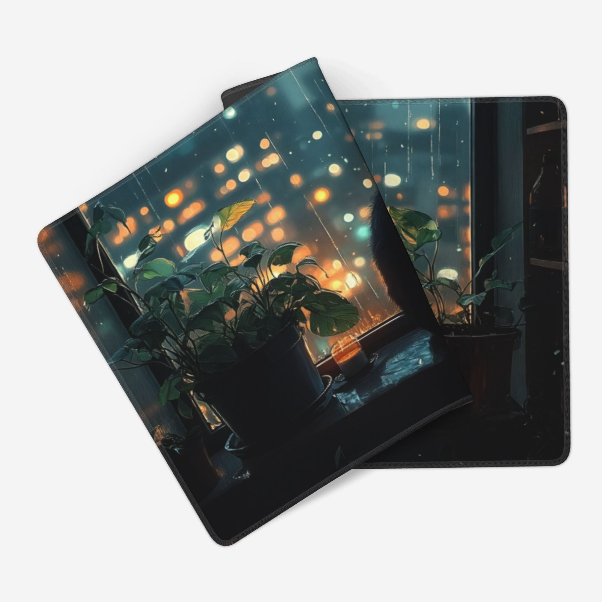 NEONWE Black Cat Gaming Mouse Pad Green Plants Japanese Anime Cute Large Desktop Mouse Pad with Stitched Edges Non-slip Rubber for Work Game Office Home, 3mm Thick, 31.5 X 15.75 Inch