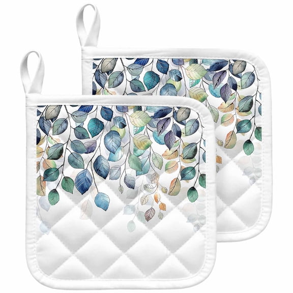 Blue Teal Botanical Pot Holders for Kitchen Heatproof Potholder, 2 Pack Weeping Fall Eucalyptus Leaves Hot Pads Multipurpose Oven Pads Cloth Potholders Trivet for Cooking and Baking