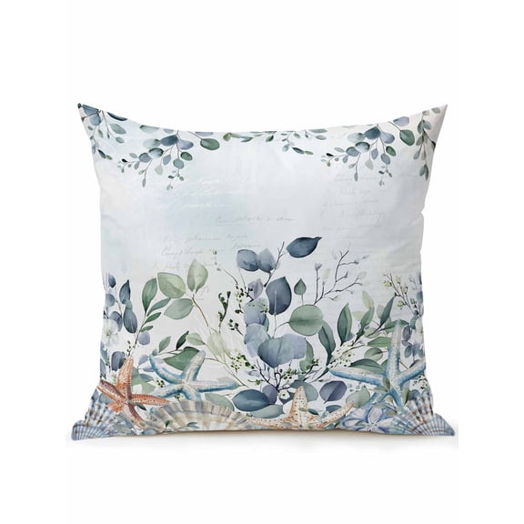Outdoor Pillows Waterproof, Teal Blue Eucalyptus Bedding Throw Pillows with Insert for Couch Sofa Bed, Coastal Starfish Botanical 16x16 Inch Pillowcases Decorative Camping Patio Pillow Set of 1