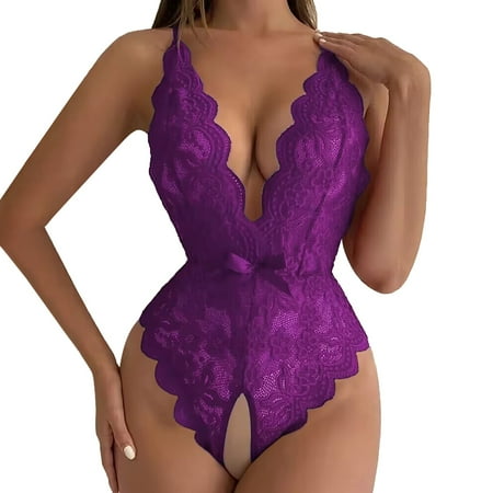 hoadeuw Crotchless Bodysuits for Women V Neck Spring Summer Lace Solid Color Bow Underneath Opening Sexy Slimming Lingerie Teddies Leotard