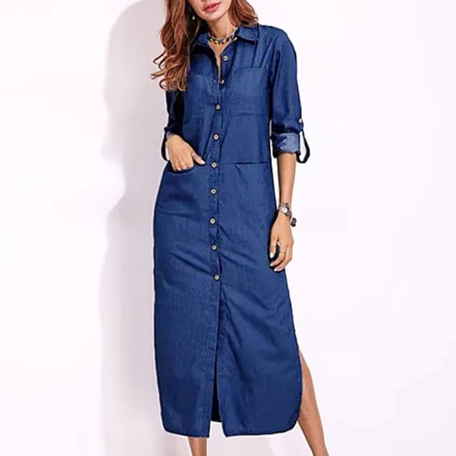 Cárdigan Vestido vaquero con botones para mujer, elegante vestido camisero con bolsillos (azul marino 5XL) Ygjytge Azul marino T 26 para Mujer