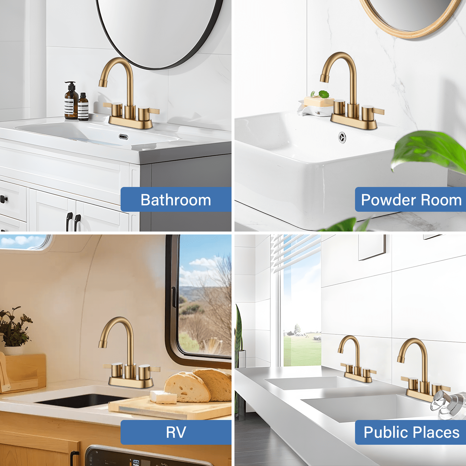 Zovajonia 4 Inch 2 Handle Centerset Lead-Free Bathroom Faucet 2 hole, 360 Swivel Spout with Copper Pop Up Drain and 2 Water Supply Lines Brushed Gold