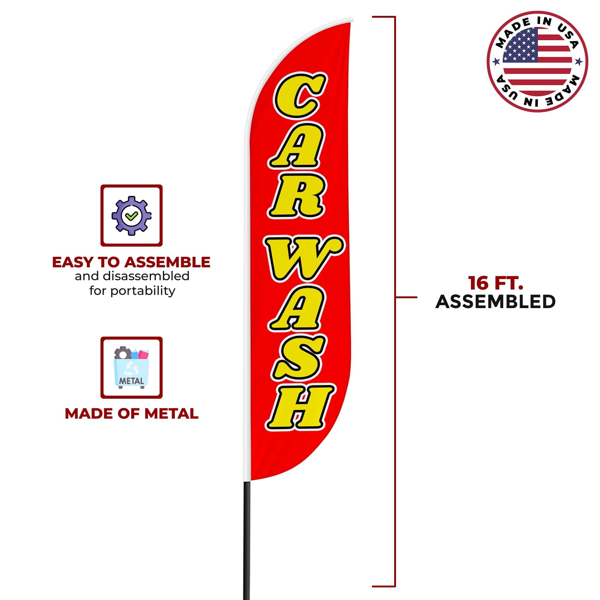 Car Wash Sign feather flag for Outdoor by Mavis Printing | 11.5 FEET Long Polyester Outdoor Banner Flag for Easy Hang | HD Print Swooper I Flag Only to Advertise Car Business| Made in USA I Flag Only