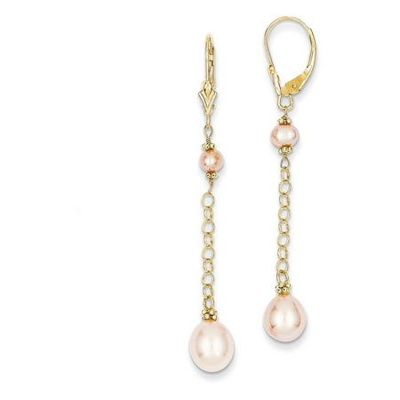 14k Yellow Gold 5 8mm Pink Freshwater Cultured Pearl Leverback Earrings Lever Back Drop Dangle