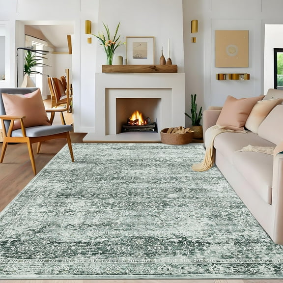 Garvee 5'x7' Washable Area Rug Vintage Floral Rug, Machine Washable Rug Non-Slip Soft Carpet Thin Distressed Rug for Living Room Bedroom Home Office, Green