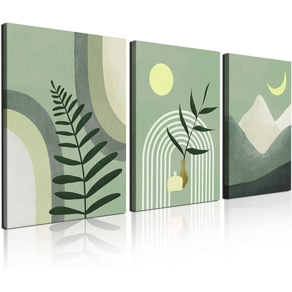 Boho Wall Art Set of 3, Mid-Century Modern Decor 12"x16" Framed Canvas Print Minimalist Botanical Geometric Abstract Neutral Room for Bathroom, Bedroom