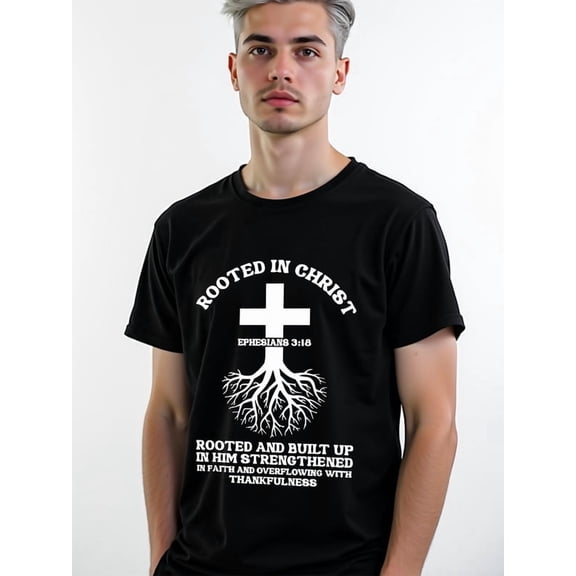 Rooted in Christ T-Shirt Mens t-shirt black gifts summer Breathable fabric, round neck, short sleeves Unique Design Unisex Shirt Cotton tshirts