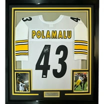 Framed Autographed/Signed Troy Polamalu 35x39 Pittsburgh White Football Jersey Beckett BAS COA