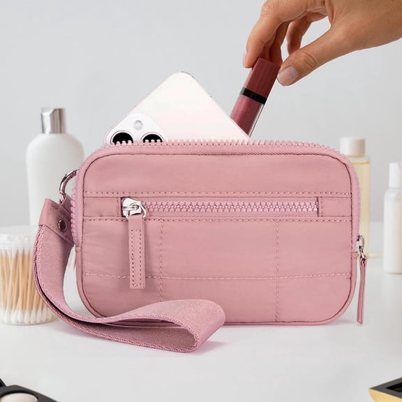 Bxaolu Wristlet Wallets for Women Nylon Quilted RFID Wallet with 3 Zippers Purse Credit Card Holder Cell Phone Organizer for Travel, Pink