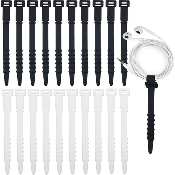 20PCS Reusable Cable Zip Ties, Removable Silicone Zip Ties Elastic, 4.3in Soft Self-Locking Cable Zip Ties Wraps for Organizing Cords Cable Wires (Black/ White)