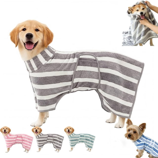 Luxury Microfiber Dog Bathrobe, Quick Dry Dog Towel Robe with Adjustable Belly Strap, Soft Absorbent Pet Drying Coat for After Bath Swim Grooming, for Small Medium Large Dogs (gray,M)