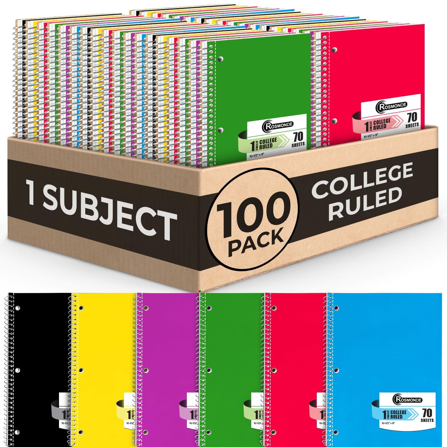 Rosmonde 100 Pack 1 Subject Spiral Notebooks, College Ruled, 140 Pages (70 Sheets), 8 x 10-1/2", Thick No-Bleed Paper, 3-Hole Punched, Bulk School Supplies