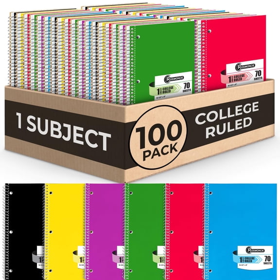 Rosmonde 100 Pack 1 Subject Spiral Notebooks, College Ruled, 140 Pages (70 Sheets), 8 x 10-1/2", Thick No-Bleed Paper, 3-Hole Punched, Bulk School Supplies
