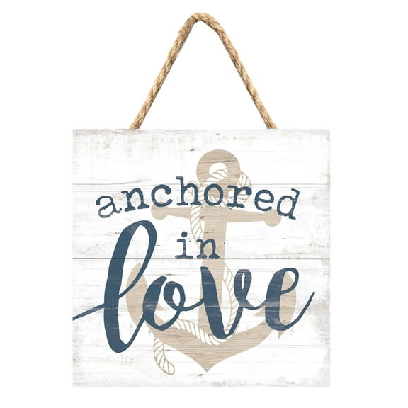 P. Graham Dunn Anchored in Love Nautical Blue 7 x 7 Pine Wood Hanging String Sign Plaque