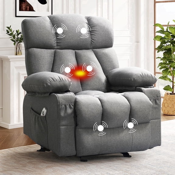 JONPONY Heated Manual Massage Recliner with Cup Holder, Single Rocker Sofa with Cup Holders for Bedroom Home Theater,Grey