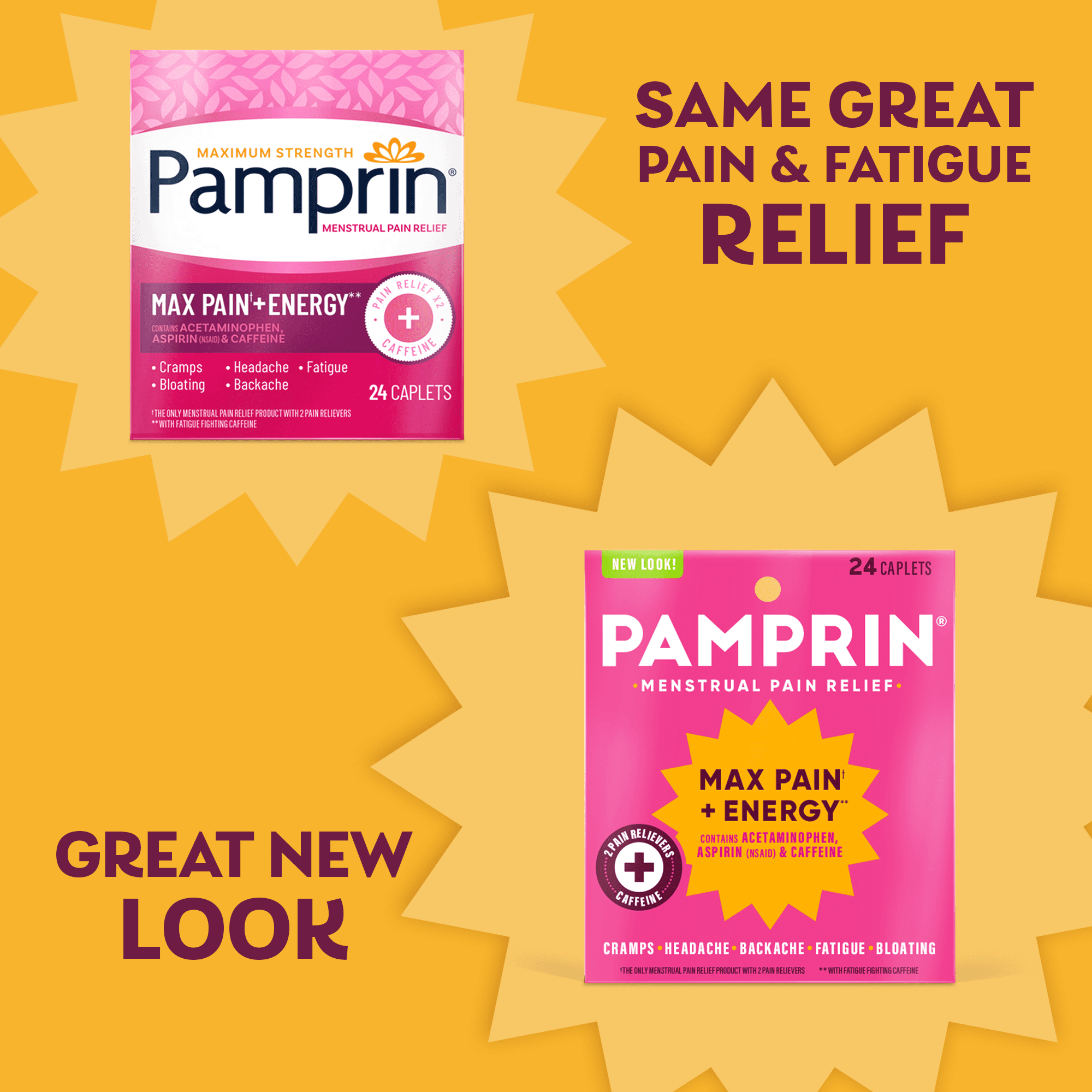 (3 pack) Pamprin Maximum Strength Pain + Energy Menstrual Pain Relief Caplets, 24 Ct