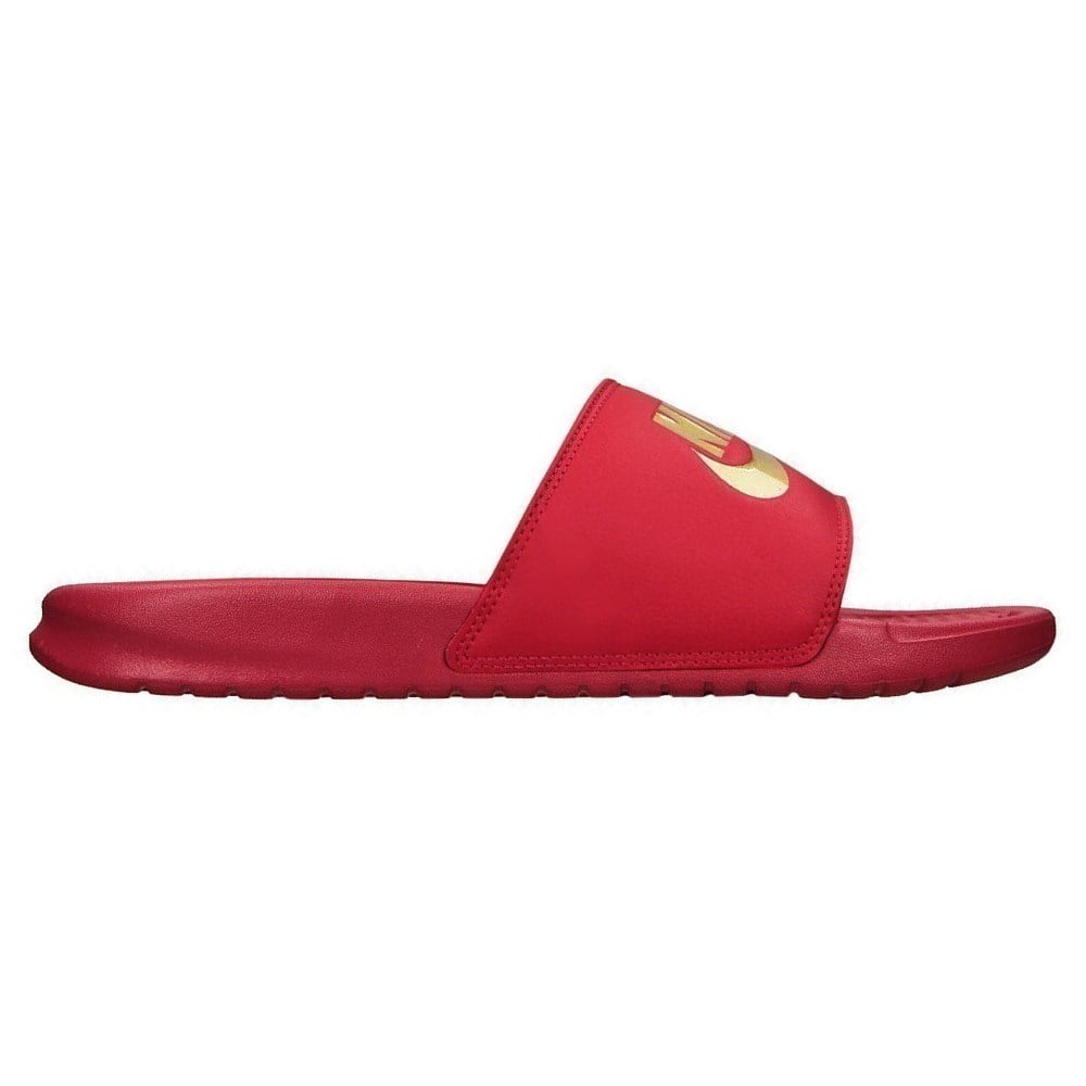 red and gold nike slippers