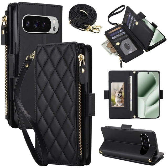 For Google Pixel 9 / 9 Pro 5G RFID Blocking Wallet Case, Crossbody Purse Phone Case with 9 Card Slots, Zipper Pocket & Detachable Strap,Black,For Pixel 9 / 9 Pro