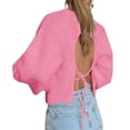thumbnail image 3 of qucoqpe Womens Long Sleeve Solid Color Crewneck Sexy Backless Tie Knit Sweater Casual Loose Fit Pullover Top, 3 of 5