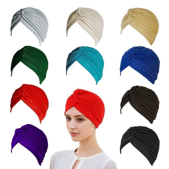 VEGCOO 10 PCS Stretchy Turban Cap for Women, Chemo Head Wraps Cancer Headwear , Twisted India Hats with Assorted Colors