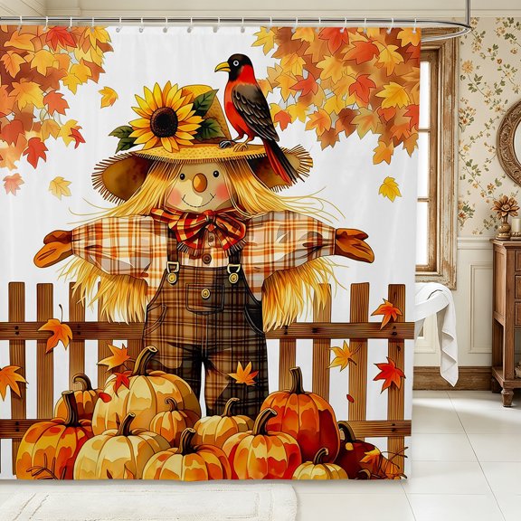 Erosebridal Scarecrow Sunflower Shower Curtain 72Wx72L,Fall Harvest Bathroom Curtain,White Orange Brown