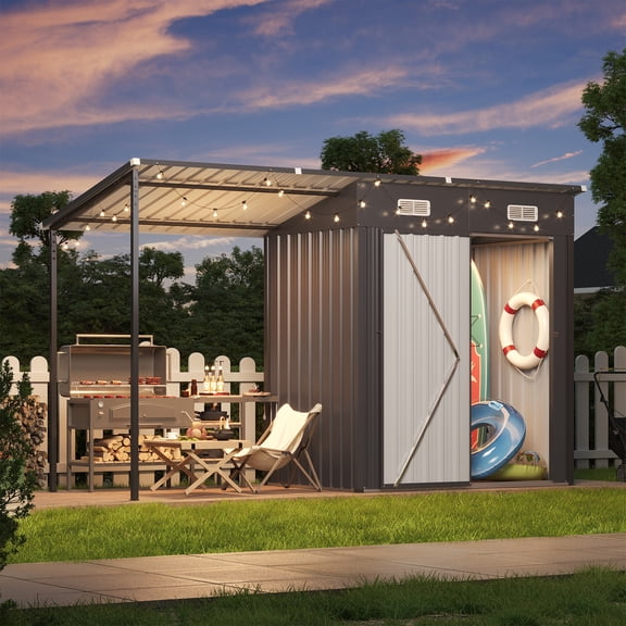 BaPiPro 2-In-1 Outdoor Storage Shed with Metal Pergola, 10x3 FT Metal Tool Shed with Hardtop Gazebo Combo, 30 Cu.ft Open-Sided Shed for Patio, Backyard, Black