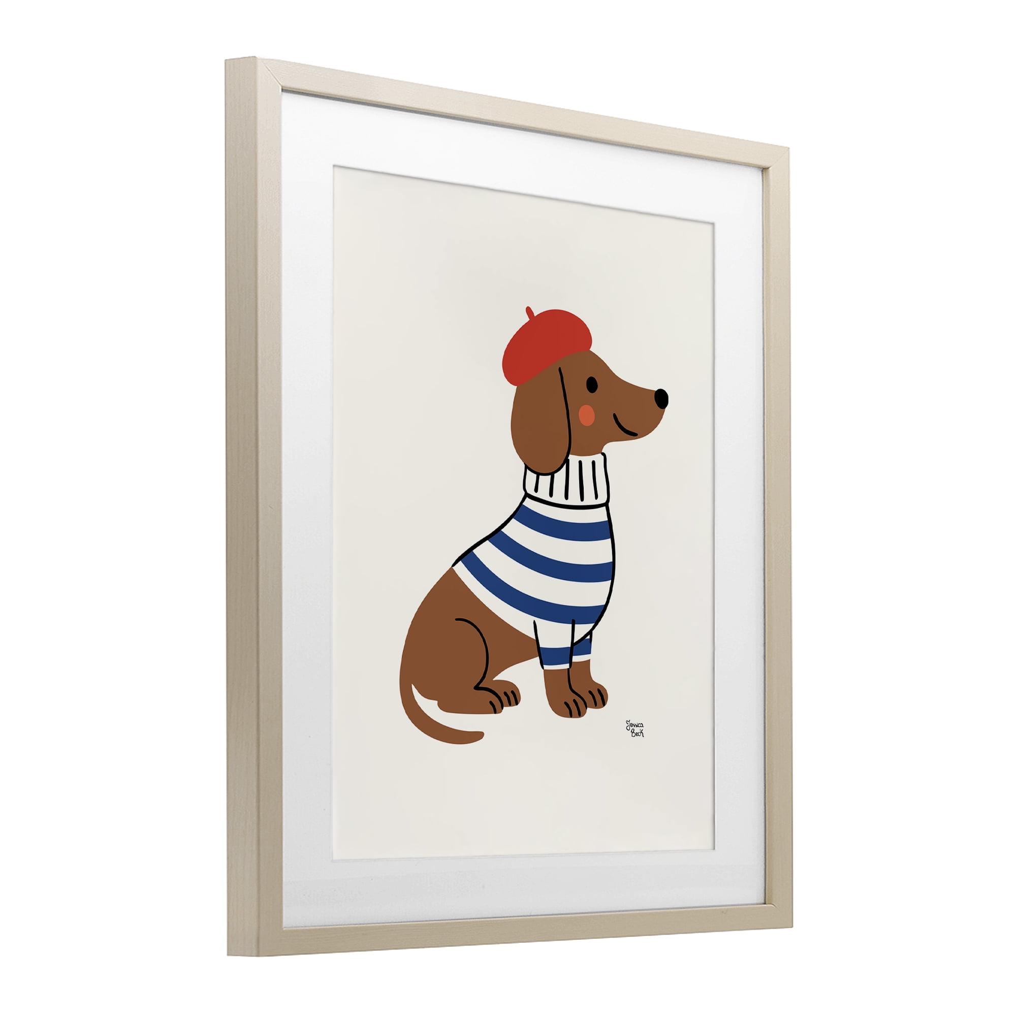 French Dachshund in Beret Birch Framed Print Under Glass, design by Jessica Beck